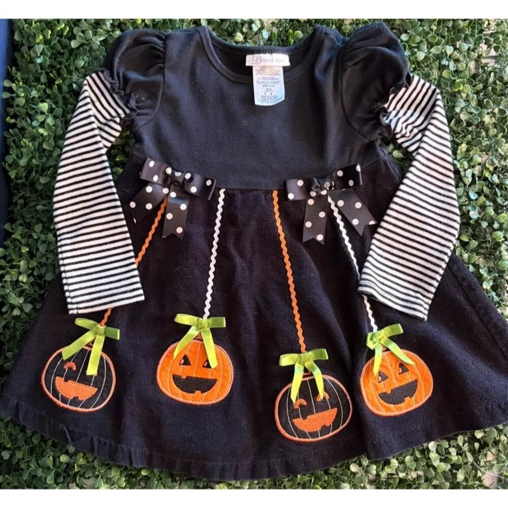 Bonnie Jean Halloween Pumpkin Dress Size 4 Black Corduroy Striped Long Sleeve